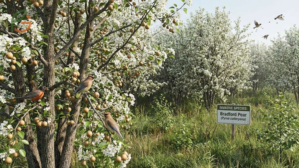 Bradford pear tree invasive traits describing rapid spread through cross pollination and displacement of native plants.