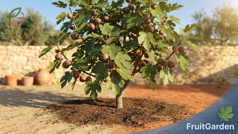 A lush Brown Turkey fig tree growing in a sunny garden with ripe brownish-purple fruit ready for harvest.