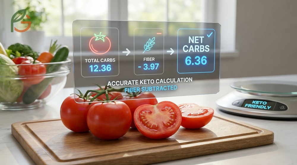 Visual guide demonstrating how to calculate net carbs in tomatoes by subtracting fiber from total carbohydrates.