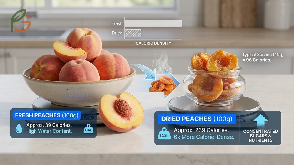 Calories in dried peaches analysis showing 239 calories per 100g which is six times more dense than fresh fruit.