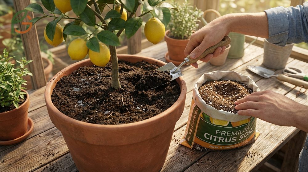 Container lemon soil maintenance tips for top dressing and repotting to manage salt buildup and compaction.