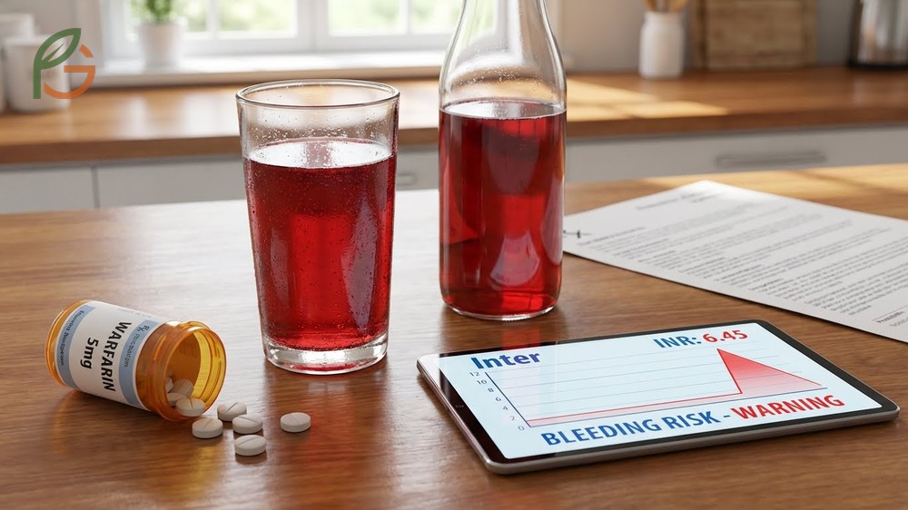 Cranberry juice interaction with warfarin can increase bleeding risk by elevating INR levels in patients.