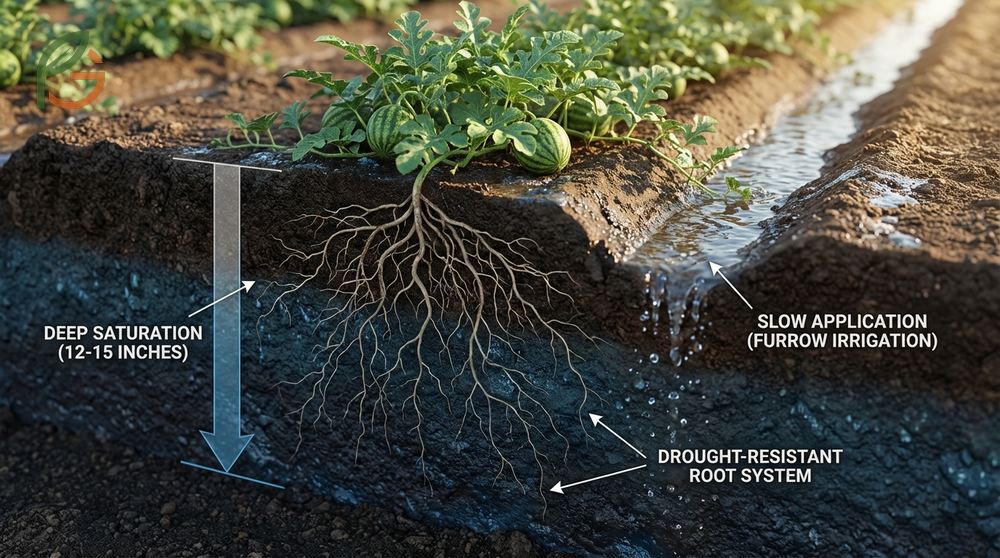 Deep watering melons with drip irrigation or soaker hoses ensures moisture reaches the active root zone.