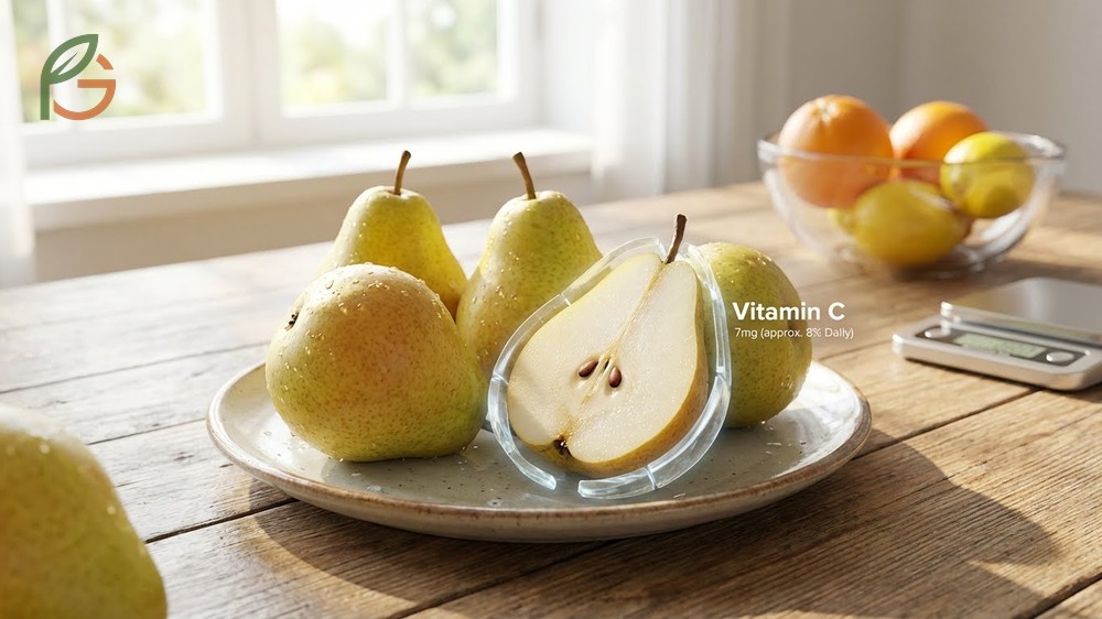 Do pears have vitamin C analysis confirming 7mg per medium fruit for immune support.