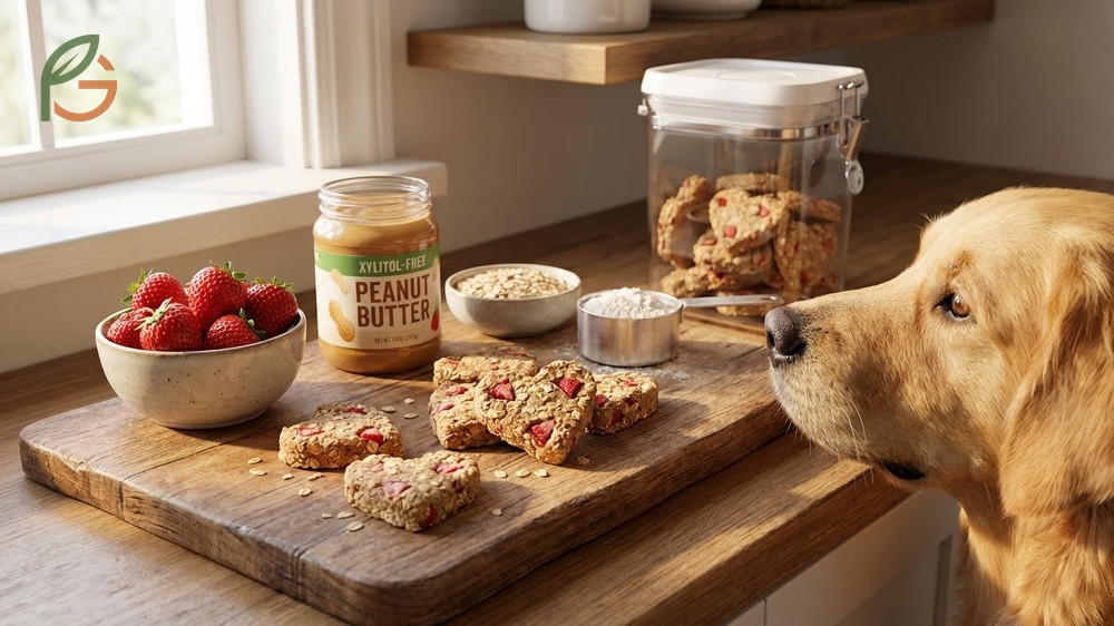 Dog strawberry treats recipe using whole wheat flour and natural peanut butter for homemade biscuits.