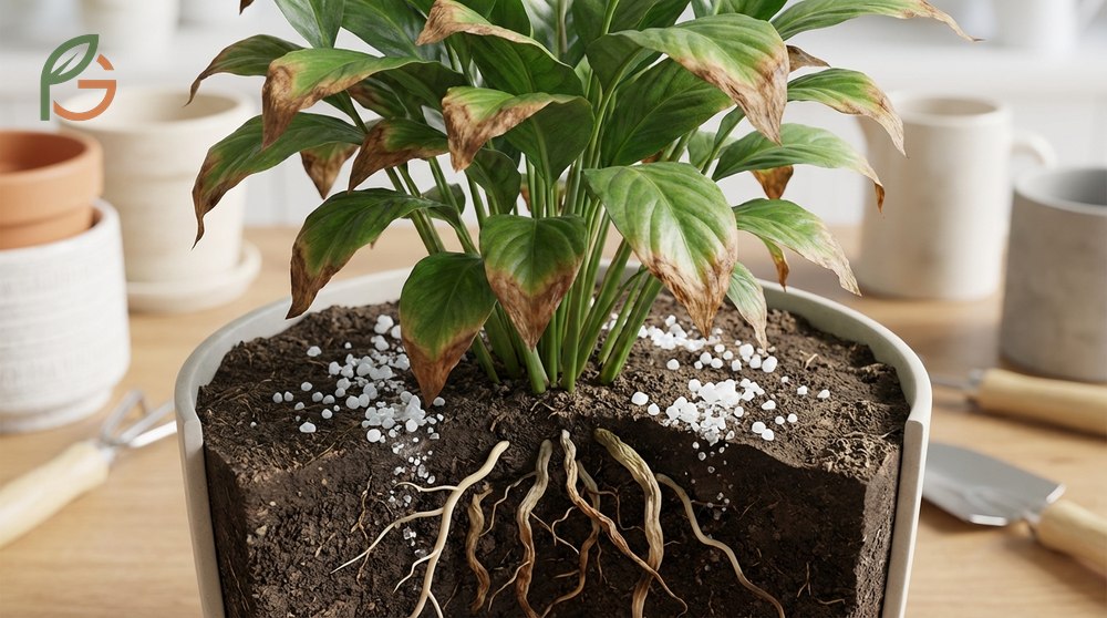 Fertilizer burn symptoms like scorched leaf tips occur when excessive salts accumulate in soil from heavy application.