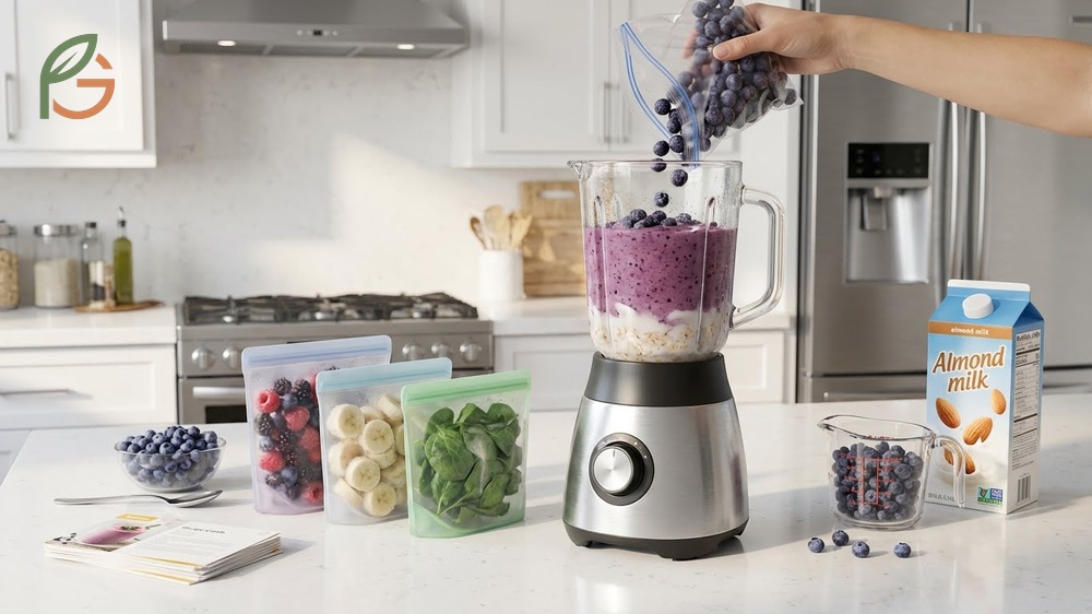 Meal prep smoothies using frozen blueberries pre portioned into individual bags with greens and protein for a quick nutritious breakfast.