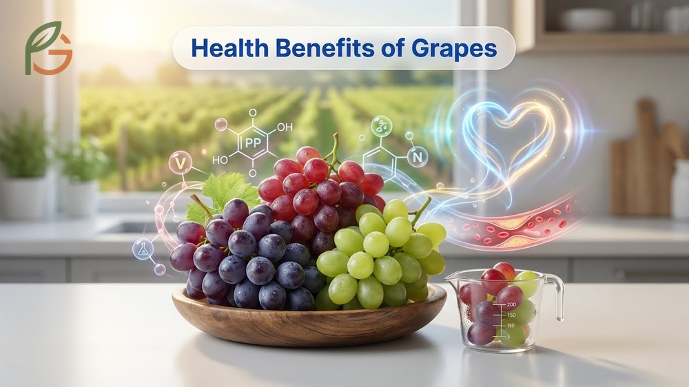 Health benefits of grapes illustrated by antioxidant rich fruit that supports heart health and reduces inflammation.