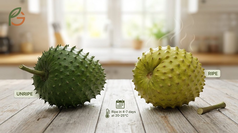 How to tell if soursop is ripe by checking for soft spines and ripening time of 3-5 days at room temperature.