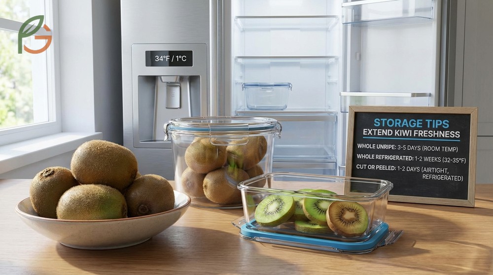 Kiwi storage tips for keeping whole ripe fruit fresh in the refrigerator crisper drawer for 1-2 weeks at 32-35 degrees.