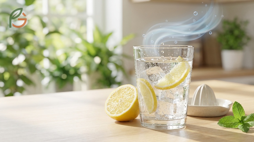 Lemon water freshens breath by stimulating saliva production to wash away odor causing bacteria.