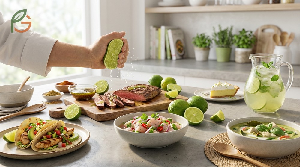 Fresh lime juice being squeezed over tacos and thai curry to demonstrate diverse culinary uses.
