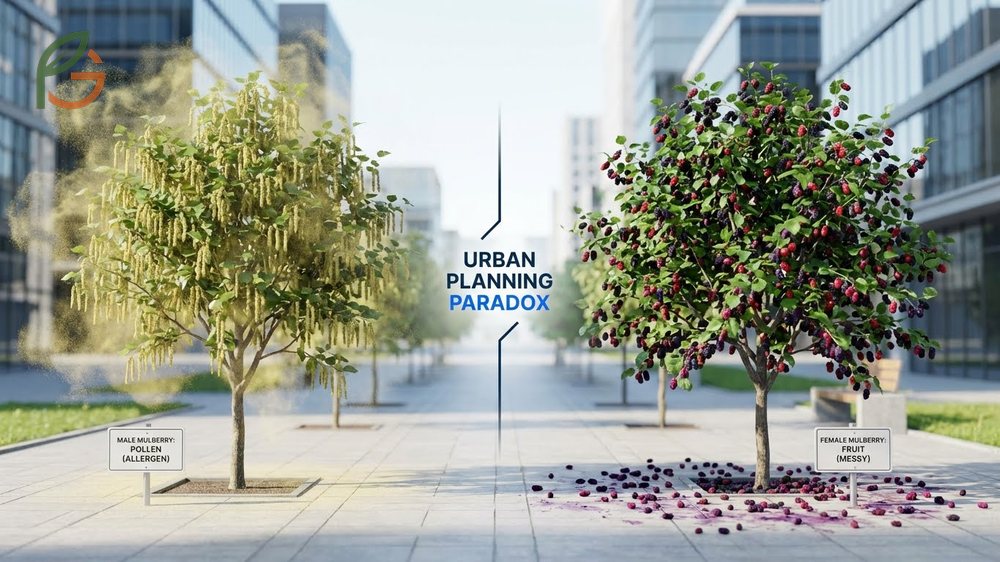 Male mulberry trees produce allergenic pollen while female trees bear messy fruit but do not trigger allergies.