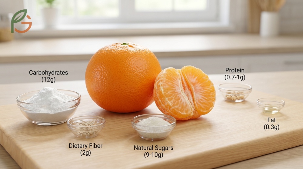 Mandarin nutrition facts highlighting 12g carbohydrates and 26 percent daily vitamin C in one fruit.