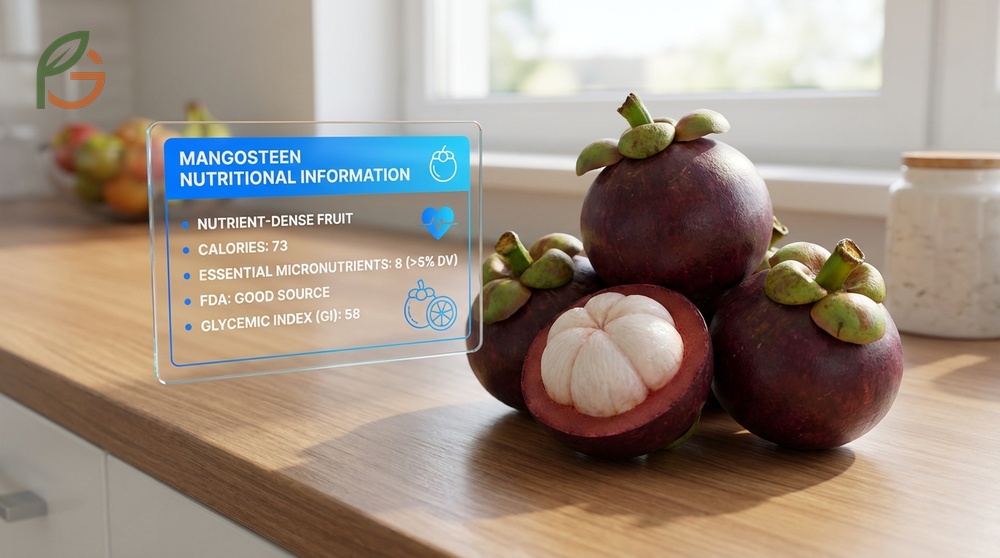 Nutritional information for mangosteen showing a glycemic index of 58 and 1.8g fiber for stable energy.