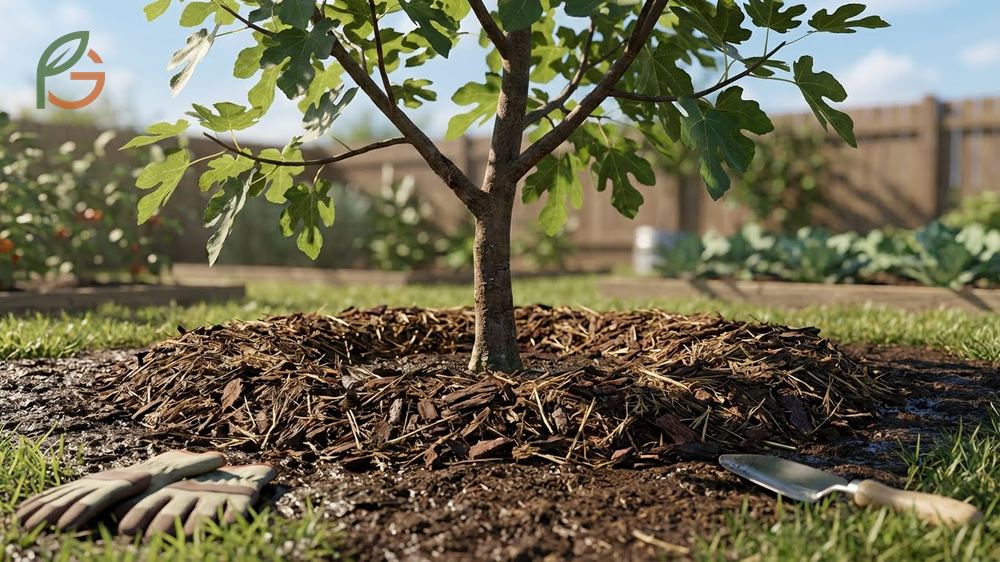 Mulching fig trees with a 4 to 6 inch layer of organic material to retain soil moisture.