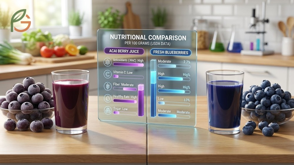 Nutritional comparison chart displaying key nutrients per 100g of acai juice versus fresh blueberries.