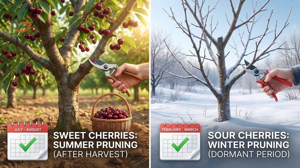 When to prune cherry trees to avoid disease with summer pruning for sweet types and dormant pruning for sour cherries.