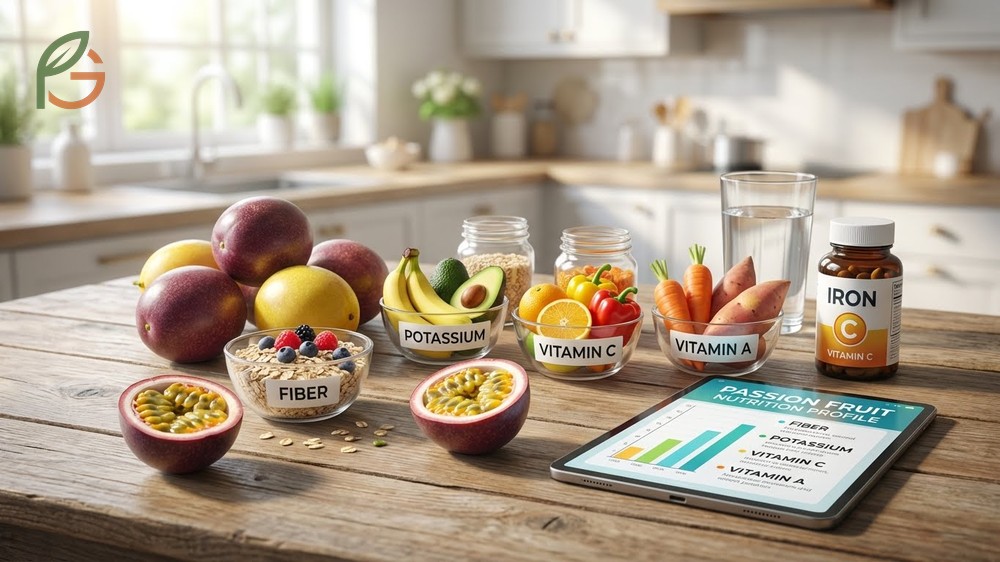 Passion fruit nutrition facts highlighting 348mg potassium and 50 percent daily value of Vitamin C per 100g.