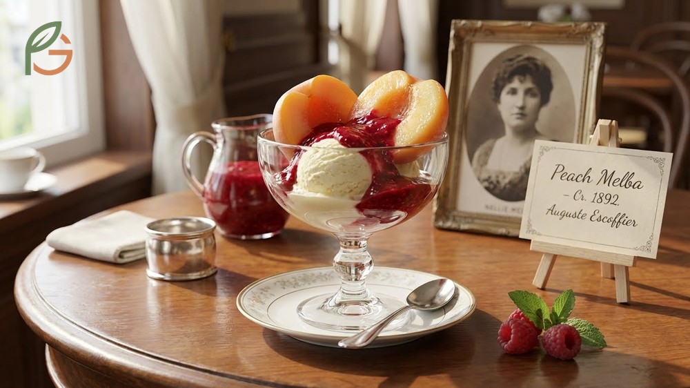 What is peach melba dessert featuring poached peaches and raspberry sauce compared to bellini cocktails.