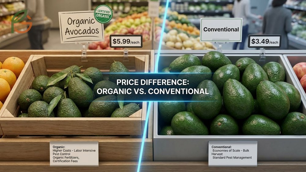 Price difference organic avocado showing a 30 to 60 percent premium compared to conventional options at checkout.