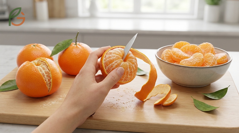 Remove tangerine skin using the spiral peel method to create one continuous strip in 30 seconds.