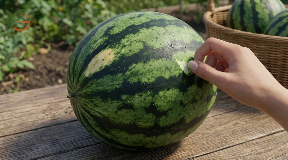 Ripe watermelon signs include a dull skin finish and a hollow sound when the fruit is thumped lightly.
