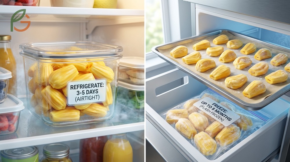Storing cut jackfruit in airtight containers keeps the yellow bulbs fresh in the refrigerator for up to five days.