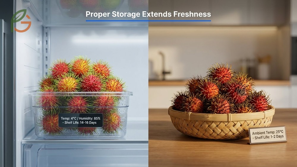 Storing rambutan fresh in breathable containers helps maintain quality for up to two weeks.