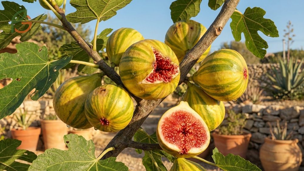 Tiger Panache fig displaying distinctive yellow green striped skin and sweet strawberry jam like interior flesh.