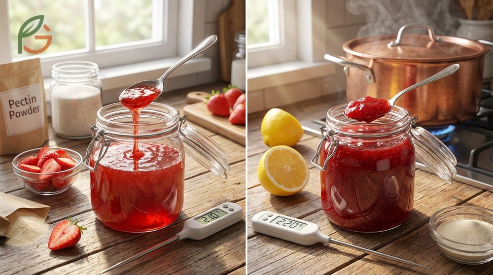 Common strawberry jam issues like runny texture or floating fruit addressed with specific reboiling and stirring solutions.