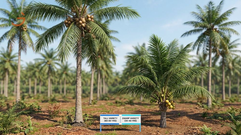 Tall and dwarf coconut tree varieties growing in tropical plantations with different heights and harvest timelines.