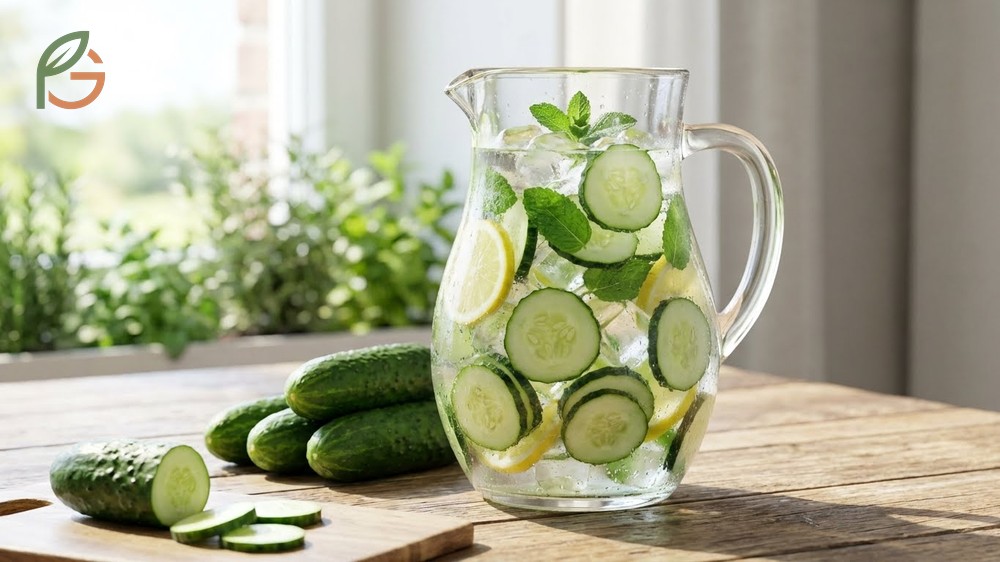 Unpeeled cucumber slices in water providing visual appeal and retaining essential vitamins.