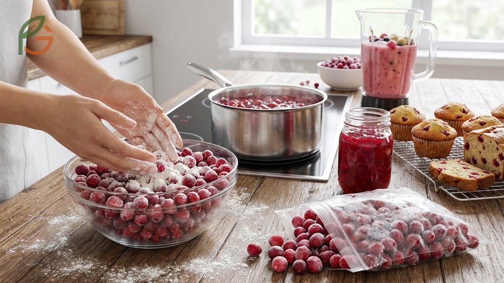 Using frozen cranberries in baking recipes where they cook 3 to 5 minutes faster than fresh ones.