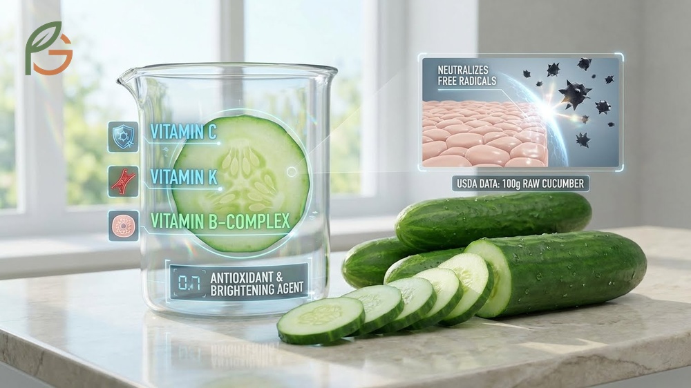 Vitamins in cucumber for skin highlighting Vitamin C and K content per 100 grams to support collagen production and skin healing.