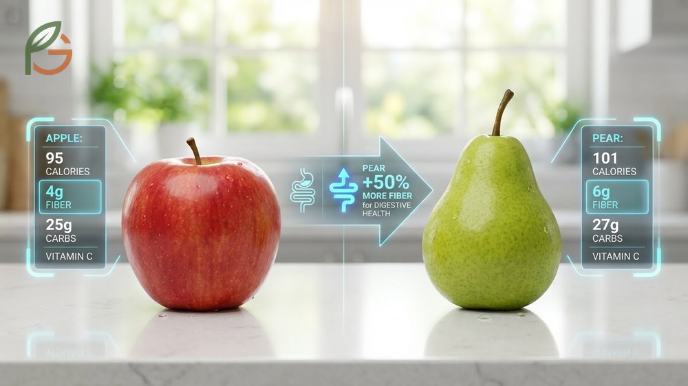 Apple vs pear nutrition comparison chart focusing on fiber content and calorie differences.