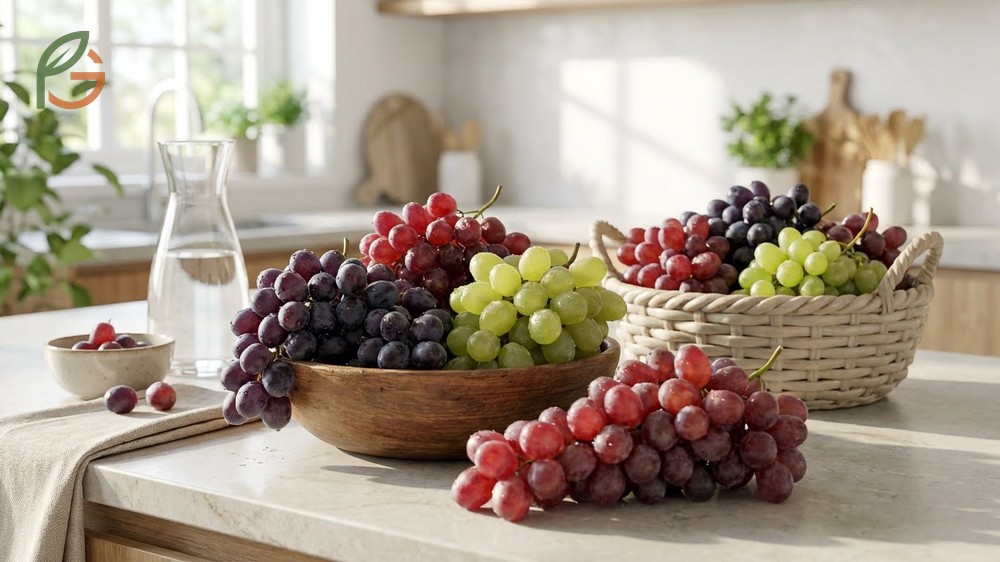 Benefits of eating grapes shown by a healthy snack portion that improves skin elasticity and fiber intake.