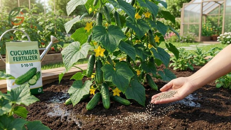 A gardener carefully applying organic compost around the base of a healthy cucumber plant.