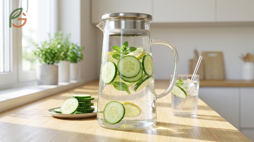A clear glass pitcher filled with cucumber water to ensure purity and avoid plastic taste.