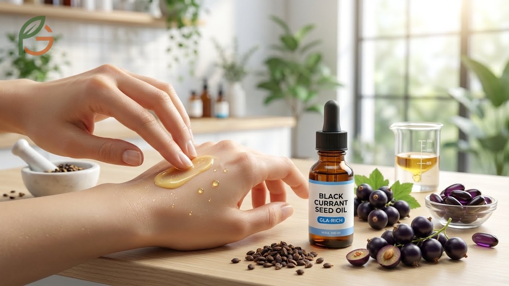 Skin health benefits of black currant seed oil illustrating improved hydration and barrier function for eczema support.