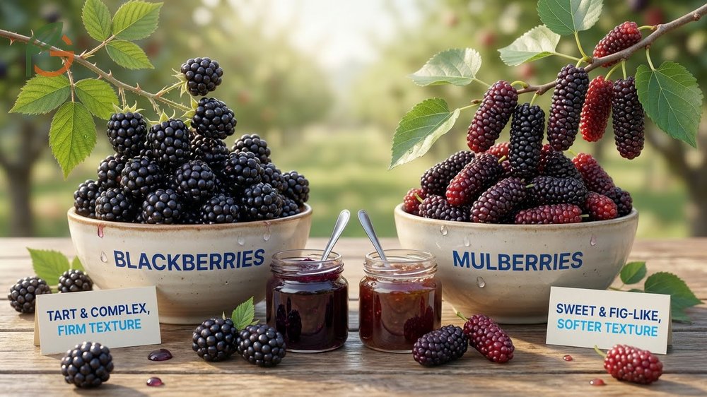 A comparison of blackberries and mulberries showing the structural difference between the firm tart blackberry and soft sweet mulberry.