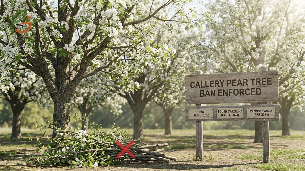 Bradford pear tree ban legislation details for states like Ohio and South Carolina prohibiting sale and cultivation.