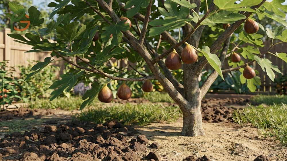 Brown Turkey fig tree branches displaying large fruits that ripen from late August to October for an extended harvest.