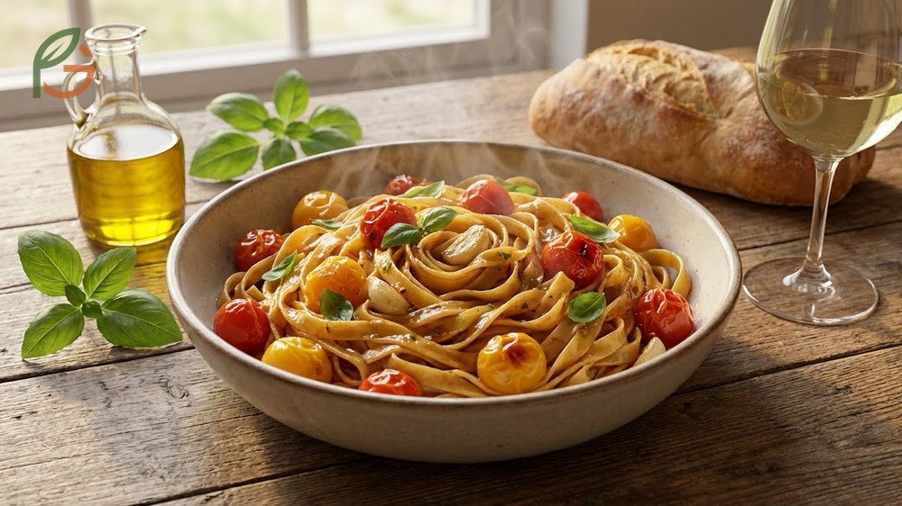 Cherry tomato pasta recipe creating a light fresh sauce with garlic, olive oil, and basil in 20 minutes.