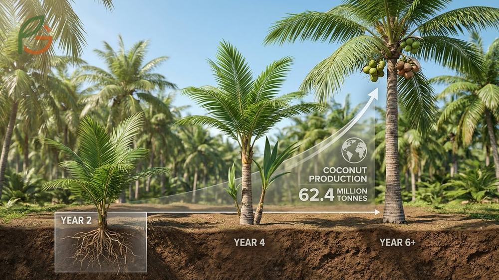 Coconut palm growth stages from seedling establishment to a mature tree producing 50 to 150 nuts annually.