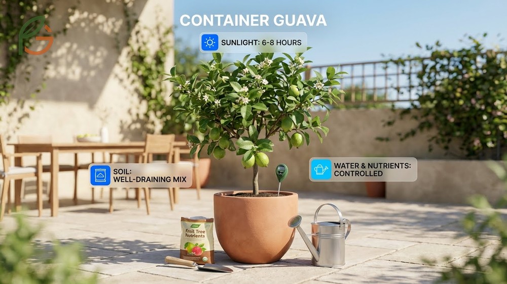Container guava growing requirements include 6 to 10 hours of direct sun and protection from frost.