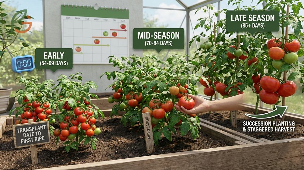Days to maturity tomatoes ratings classify early varieties at 54 to 69 days and late season types at 85 plus days.