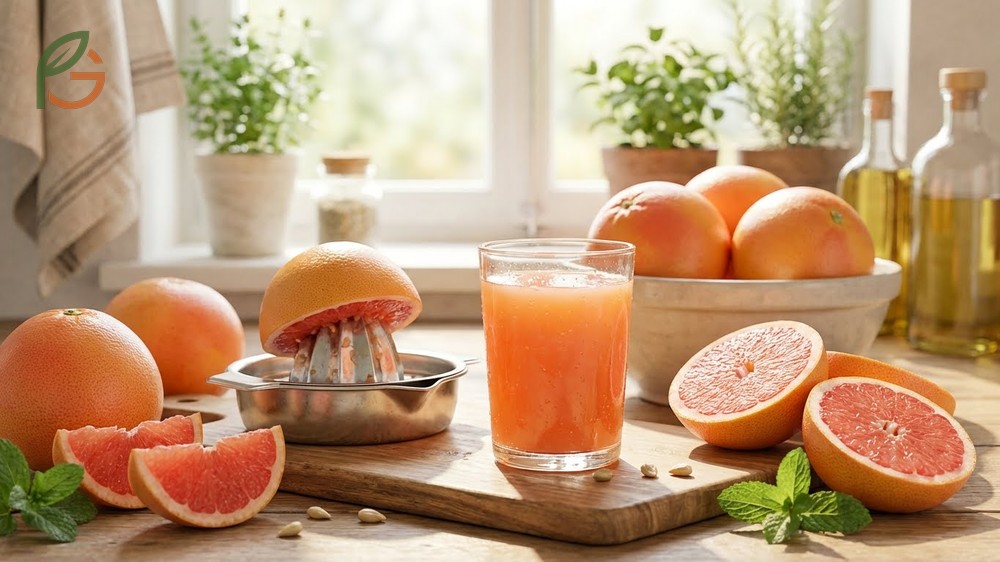 Fresh grapefruit juice preparation retains heat sensitive vitamins and beneficial enzymes unlike pasteurized versions.