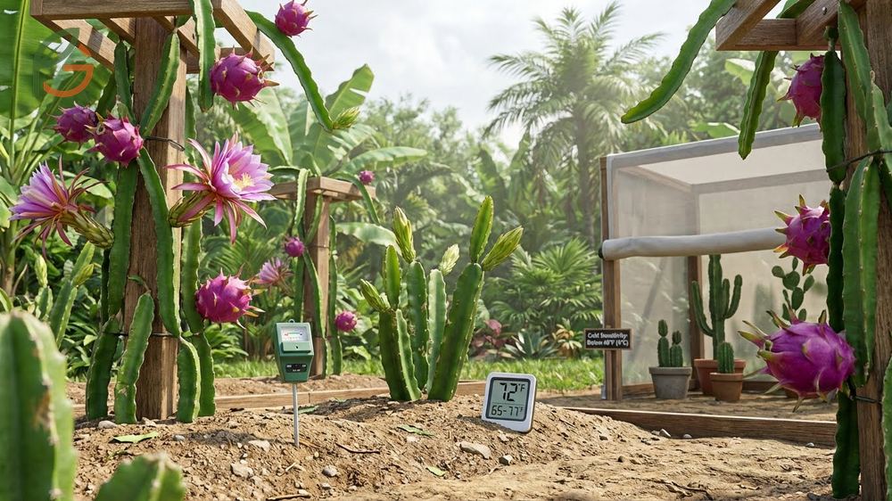 Growing characteristics for purple dragon fruit require specific trellis support and tropical temperatures between 65 and 77F.