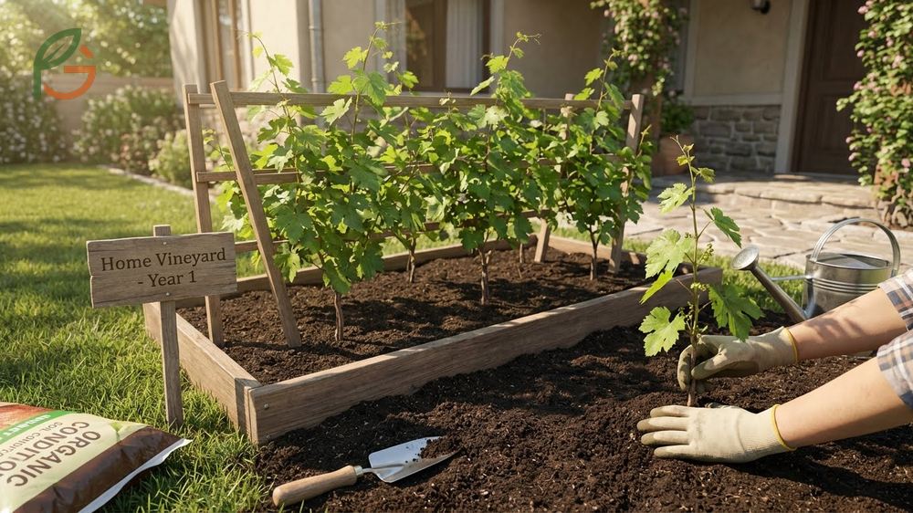Growing grapes at home soil preparation ensuring well drained conditions to prevent root rot in young vines.